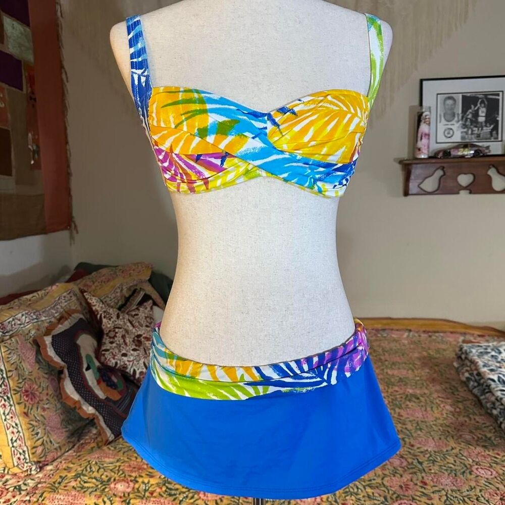 La Blanca by Rod Beattie Blue Tropical Print Bikini w/ Lowrise Mini Skirt
